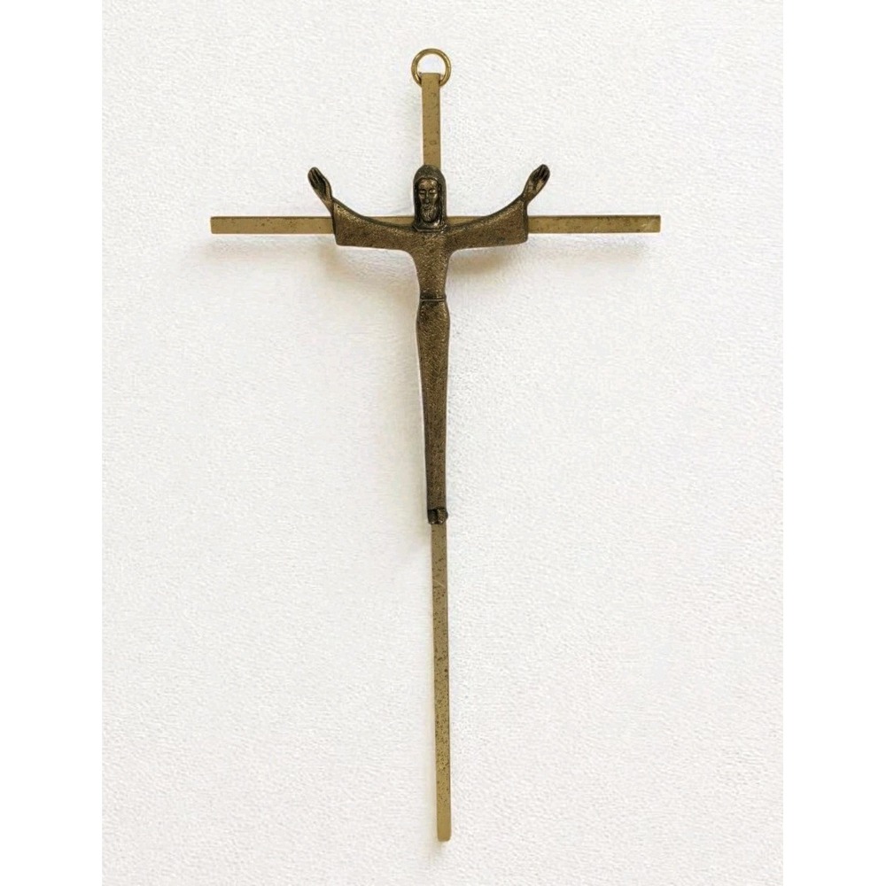 Vtg 60s Solid Brass Risen Christ Cross MCM Slim Design Christian Wall Decor 10"